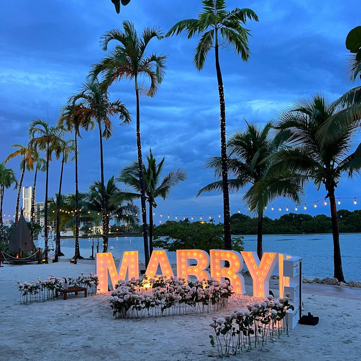 Large 'MARRY!' letters on a beach with palm trees and a city skyline in the background.