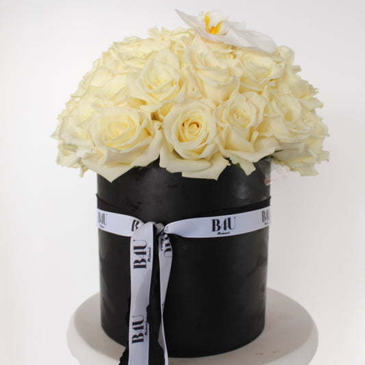 White roses box with orchid stems