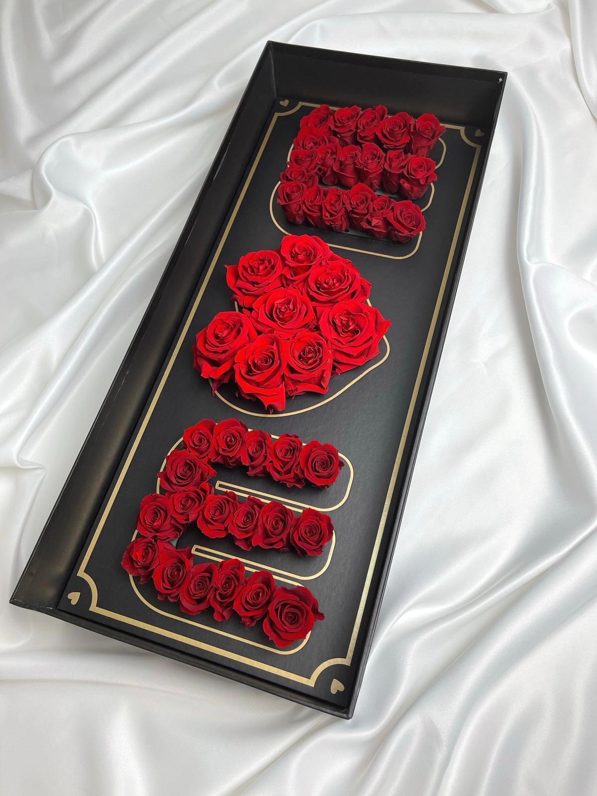 box that says MOM with red roses on it